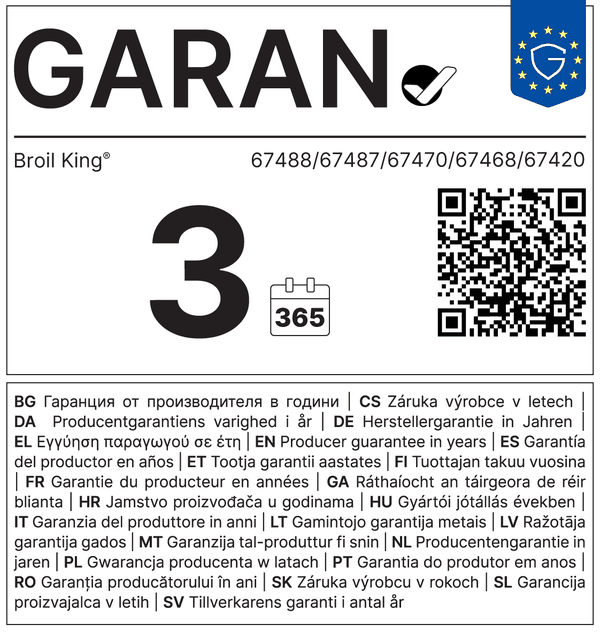 Etykieta GARAN: gwarancja producenta Broil King na 3 lata, kod 67470