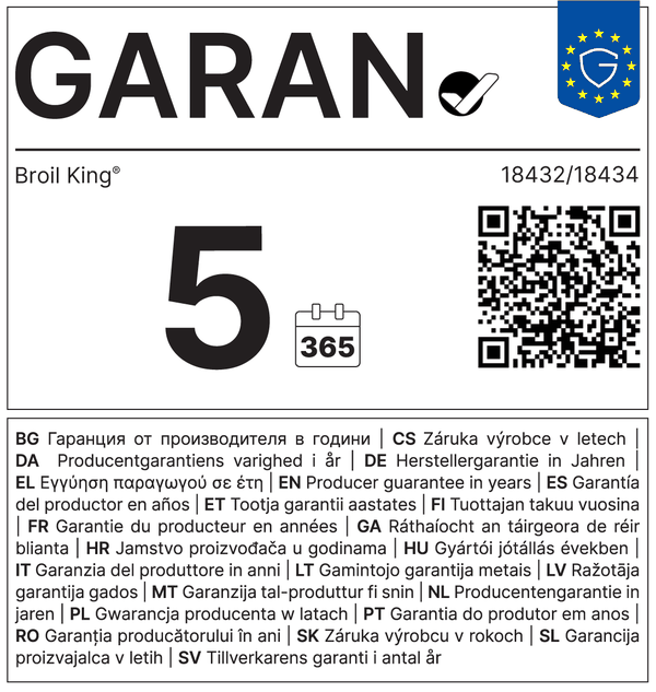 Etykieta GARAN: gwarancja producenta Broil King na 5 lat, kod 18432