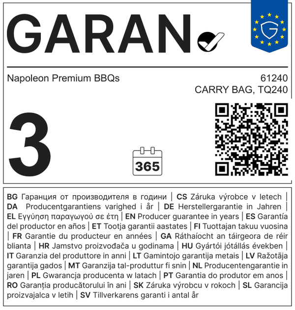 Etykieta GARAN: gwarancja producenta Napoleon na 3 lata, kod 61240