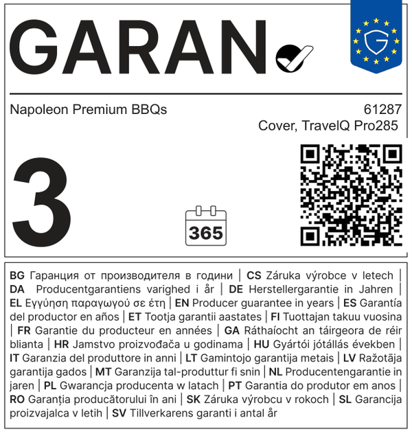 Etykieta GARAN: gwarancja producenta Napoleon na 3 lata, kod 61287