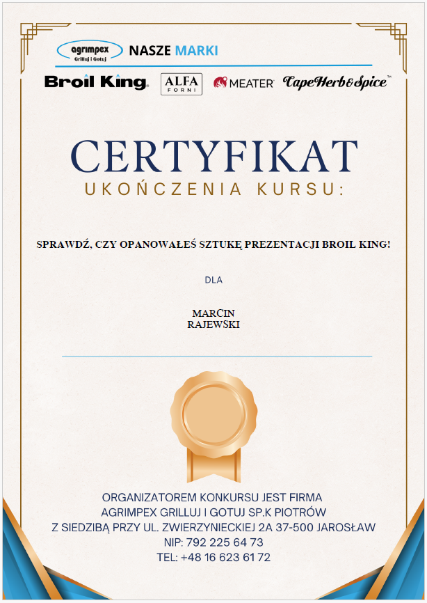 Certyfikat odbytego szkolenia z zakresu wiedzy o produktach Broil king