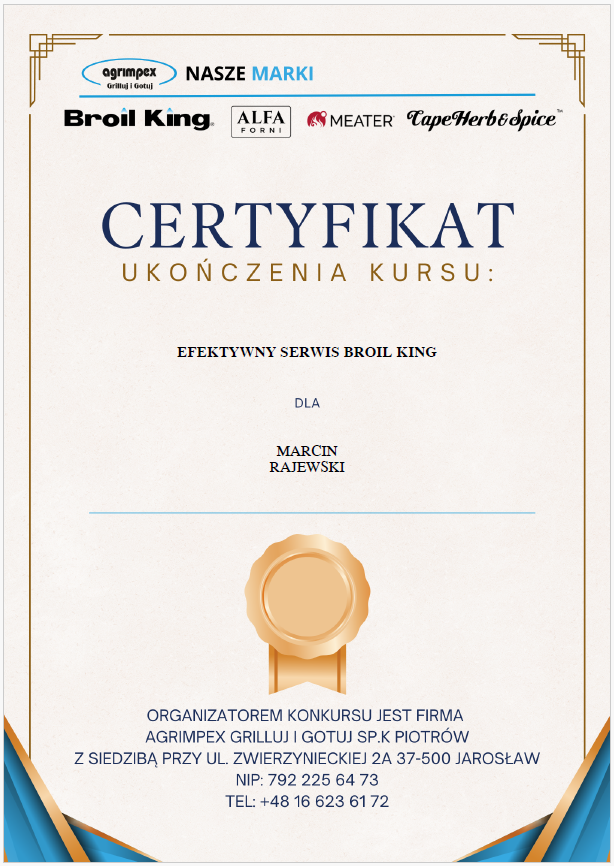 Certyfikat odbytego szkolenia Broil King