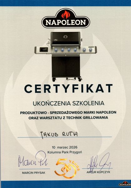 Certyfikat odbytego szkolenia produktowego z zakresu produktów Napoleon