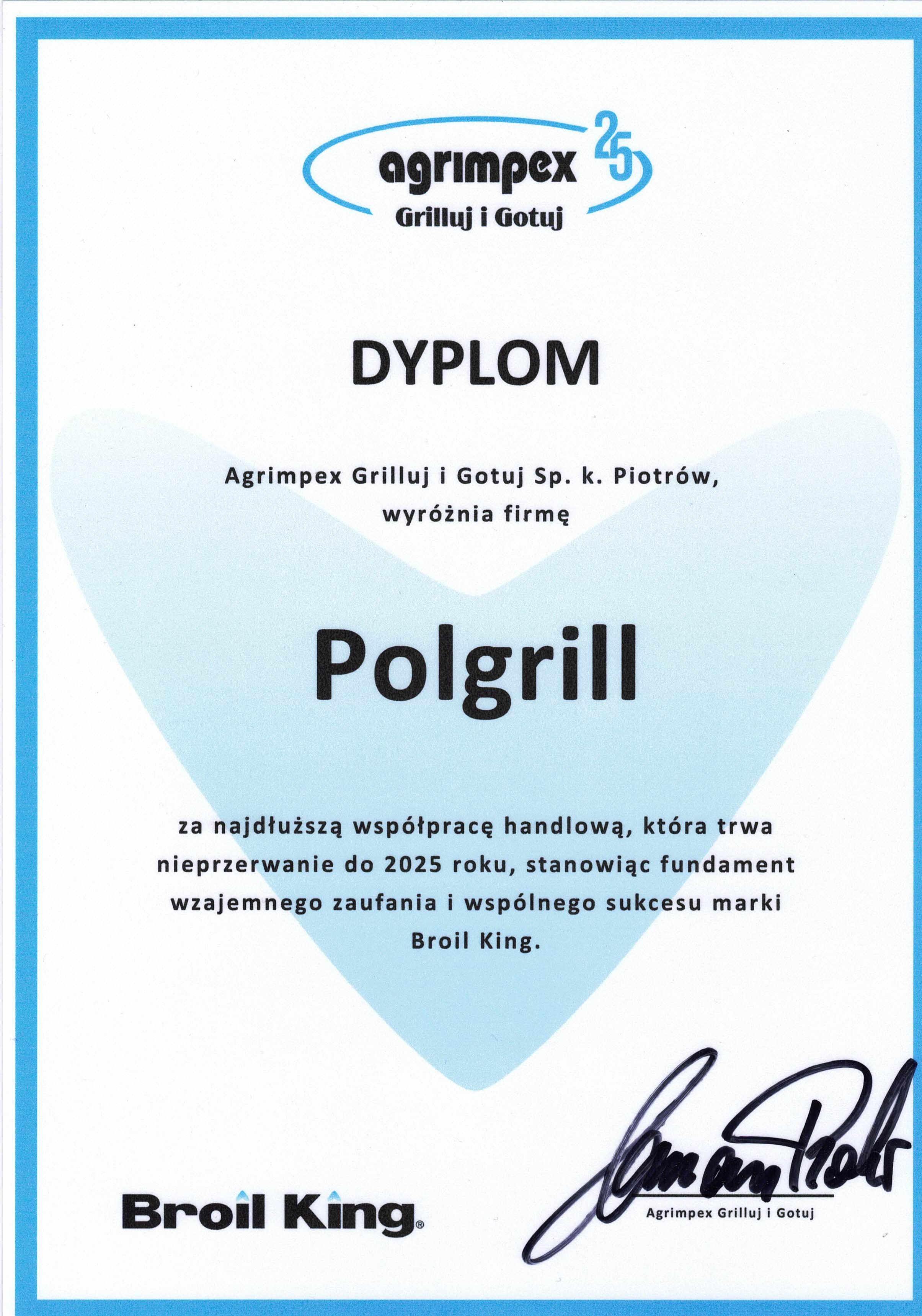Dyplom za współpracę z firmą Broil King